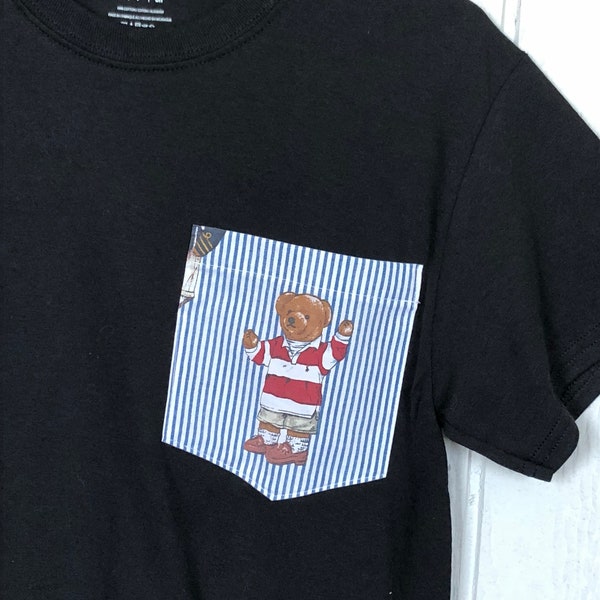 Pocket t shirt using Ralph Lauren Polo Bear fabric, four bears to choose from! Rugby, polo, beret and riding.Unisex adult size s-2x