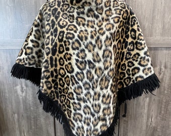 Vtg 60er High Neck Leopard Pile Stoff Poncho FRANSENbesatz S/m mod PUNK Handgemacht