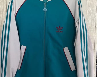 Adidas Vintage Track Top Jacket 70s Gray Teal Burgundy TreFoil 3 Stripes Small Athletic