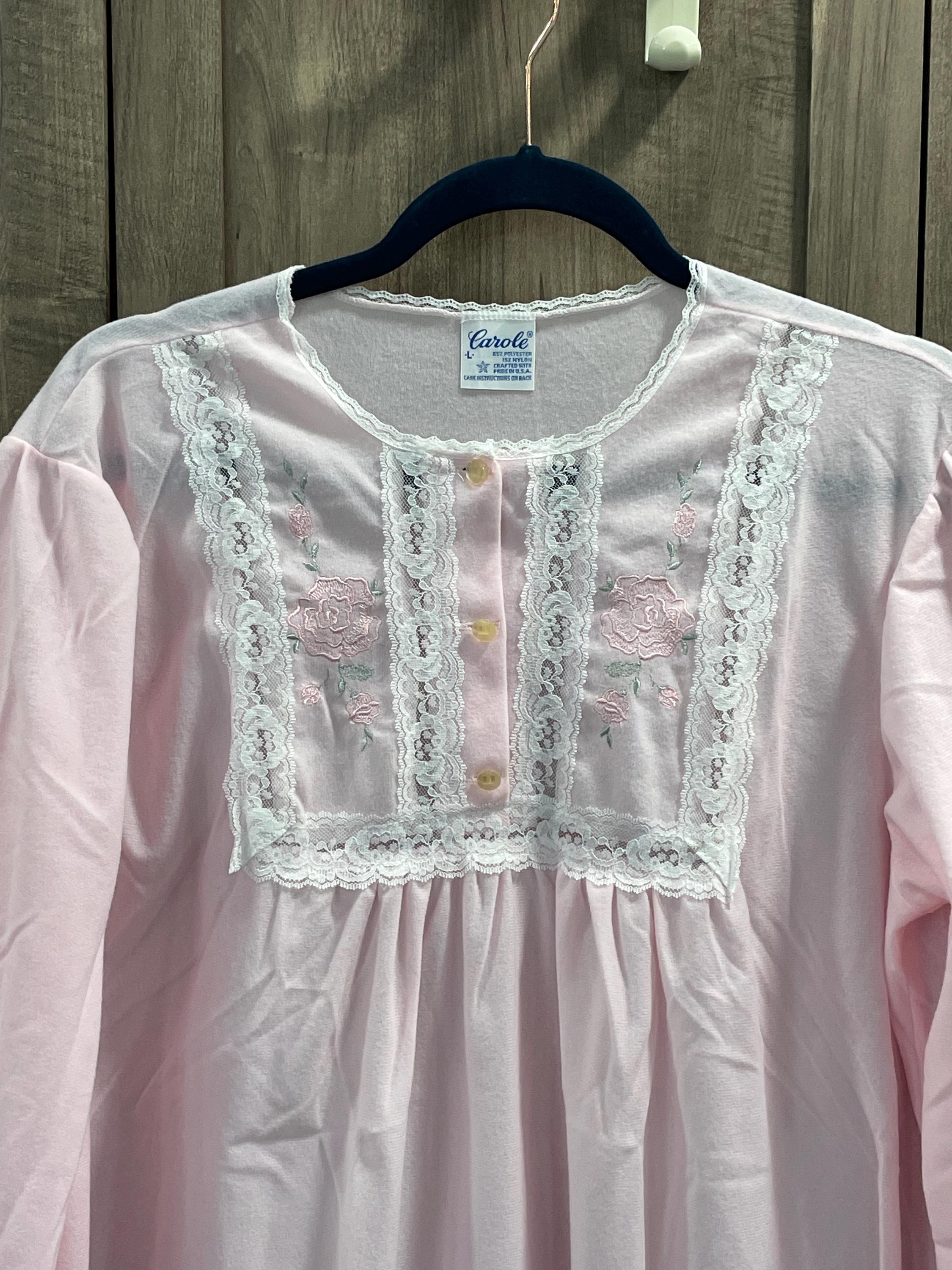 VTG NOS Carole-nachtjapon met kanten rand en geborsteld polyroze prairiejurk L VS