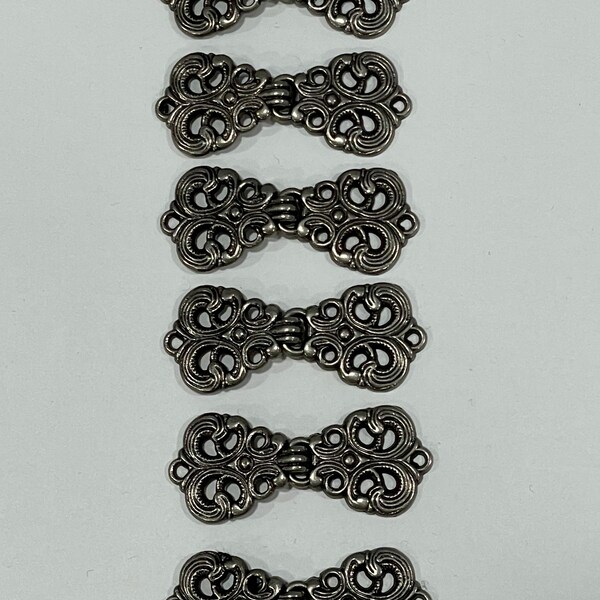 6 PAIR of pewter color metal Sweater Clasps Closures Nordic, Recovered Recycled