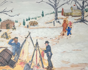 Vtg '68 Folk Art Oil Painting, “Ole’ Time Hog Killing” Ruby Minter, Southern Civil War Snow Scene, N. Carolina Museum Framed Naive Outsider