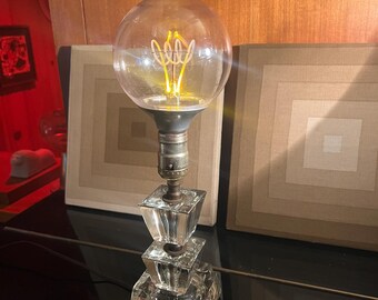 Vintage Mid Century Modern Stacked Glass Table Lamp, Architectural Clear Glass Block Lamp, 1950s 1960s Sculptural Modern Lighting, UL