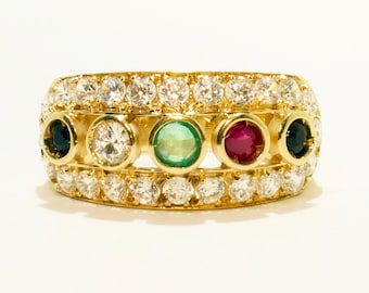 SPARKLING 14k 585 Multi Gemstone Christmas Rainbow Cocktail Mother's Ring, Emerald, Ruby, Topaz, Quartz Statement Ring Sz US 6
