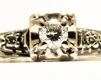 Lovely Vintage 14k White Gold Diamond Engagement Ring Mid-Century S Motif Sz 6 - .16 TCW Estate Ring