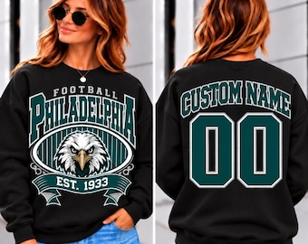 Sudadera de fútbol americano de Filadelfia, camiseta de fútbol americano de Filadelfia estilo vintage de los 90, nombre y número personalizados, sudadera de cuello redondo para el día del partido, regalo personalizado para el aficionado