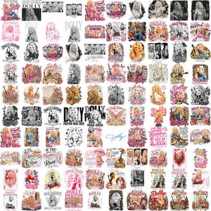 Puede incluir: Una colección de diseños gráficos que presentan a Dolly Parton, incluyendo varios retratos, ilustraciones y elementos de texto como Dolly Parton 1946-2026, letras de canciones y motivos decorativos como mariposas, guitarras y botas vaqueras.