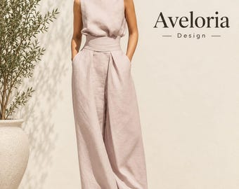 Linen Blend Wide Leg Jumpsuit, Sleeveless Mock Neck, Summer Wedding Guest Outfit