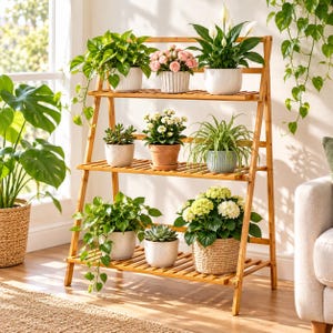 3 Tier Bamboo Plant Stand, Foldable Ladder Shelf, Wooden Flower Pot Display Rack, Multifunctional Storage Shelf for Living Room Office