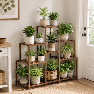 May include: A tiered wooden plant stand with a dark brown finish, featuring multiple square shelves arranged at varying heights. The stand holds fifteen assorted potted plants in various ceramic, woven, and textured containers of different sizes.