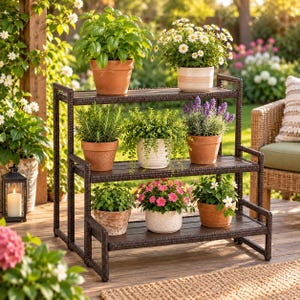 May include: A three-tiered dark brown wicker plant stand holding seven potted plants. The top shelf features a large basil plant in a terracotta pot and a white daisy plant. The middle shelf holds rosemary, a trailing green plant, and lavender.