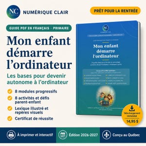 Peut inclure: Un guide numérique intitulé Mon enfant démarre l'ordinateur, avec une couverture bleue illustrant une famille utilisant un ordinateur portable. Le texte détaille 8 modules progressifs, des activités, un lexique et un certificat de réussite.