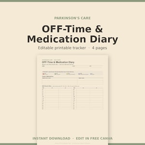 May include: A printable Parkinson's Care Off-Time & Medication Diary tracker featuring four pages. The document includes a state key, a section for today's medications, and a half-hourly diary grid for tracking daily symptoms and medication intake.