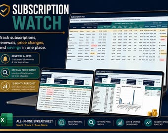 May include: A digital subscription tracker spreadsheet displayed on a laptop and two tablets. The interface features a Subscription Hub, Action Center, and Cost & Savings Dashboard with tables, charts, and text including Subscription Watch and All-in-One Spreadsheet.