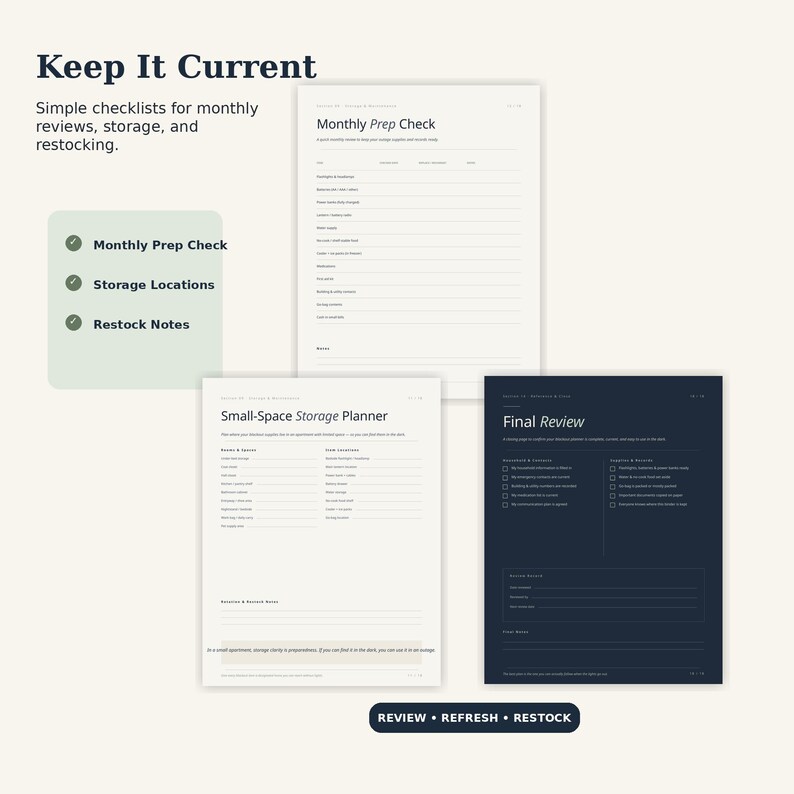May include: A set of three printable organizational checklists titled Keep It Current, featuring a Monthly Prep Check, a Small-Space Storage Planner, and a Final Review. The documents include sections for storage locations, restocking notes, and review tasks.