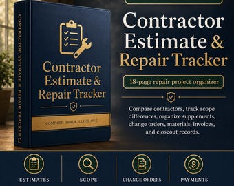 May include: A dark blue binder titled Contractor Estimate & Repair Tracker with gold text and a clipboard icon. The cover features the text COMPARE. TRACK. CLOSE OUT. The layout includes sections for estimates, scope, change orders, and payments.