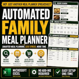 May include: An automated family meal planner spreadsheet for Microsoft Excel. The graphic displays a recipe search, weekly planner, automated grocery list, and inventory tracker. It features a four-step process: import recipes, plan meals, auto-build grocery list, and track inventory.
