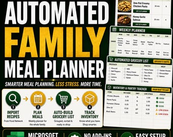 May include: An automated family meal planner spreadsheet for Microsoft Excel. The graphic displays a recipe search, weekly planner, automated grocery list, and inventory tracker. It features a four-step process: import recipes, plan meals, auto-build grocery list, and track inventory.