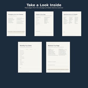 May include: Five pages from an 18-page printable blackout planner featuring checklists and planning forms titled Emergency Quick-Start Checklist, Shelter-in-Place Plan, Apartment Blackout Kit Checklist, Monthly Prep Check, and Blackout Prep Page.