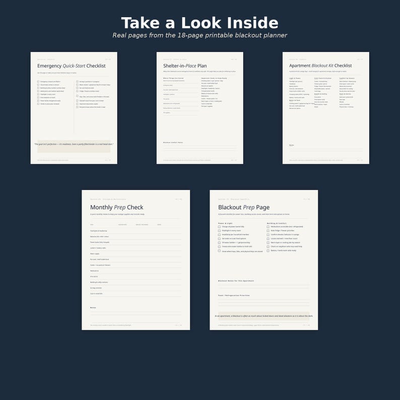 May include: Five pages from an 18-page printable blackout planner featuring checklists and planning forms titled Emergency Quick-Start Checklist, Shelter-in-Place Plan, Apartment Blackout Kit Checklist, Monthly Prep Check, and Blackout Prep Page.