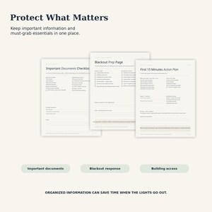 May include: Three white informational sheets titled Protect What Matters, Important Documents Checklist, Blackout Prep Page, and First 15 Minutes Action Plan. Below are three green buttons labeled Important documents, Blackout response, and Building access.
