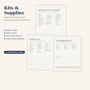 May include: A set of 18 printable pages featuring checklists for emergency preparedness. The documents include an Apartment Blackout Kit Checklist, a Go-Bag Checklist, and a Car Emergency Mini-Kit, all organized with categorized lists.