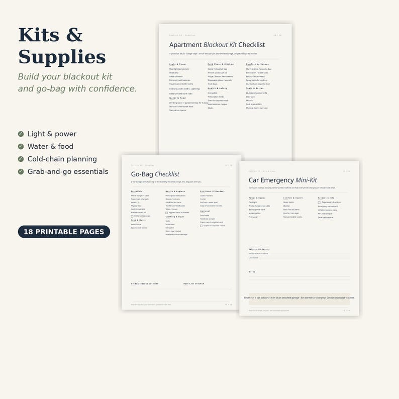 May include: A set of 18 printable pages featuring checklists for emergency preparedness. The documents include an Apartment Blackout Kit Checklist, a Go-Bag Checklist, and a Car Emergency Mini-Kit, all organized with categorized lists.