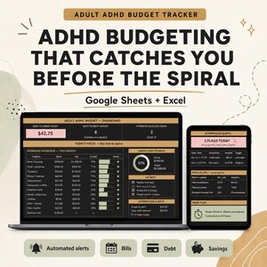 May include: A digital budget tracker for Google Sheets and Excel titled Adult ADHD Budget Tracker. The interface displays a dashboard with spending categories, sinking fund progress, and impulse logs on a laptop and tablet screen with dark backgrounds.