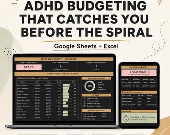 May include: A digital budget tracker for Google Sheets and Excel titled Adult ADHD Budget Tracker. The interface displays a dashboard with spending categories, sinking fund progress, and impulse logs on a laptop and tablet screen with dark backgrounds.