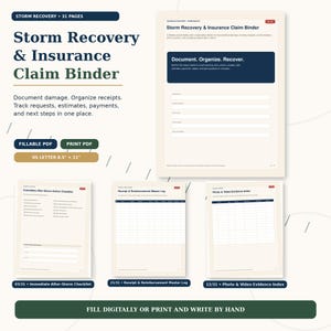 May include: A digital Storm Recovery & Insurance Claim Binder in US Letter 8.5" x 11" format. The set includes a cover page, an Immediate After-Storm Action Checklist, a Receipt & Reimbursement Master Log, and a Photo & Video Evidence Index.