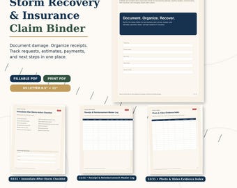 May include: A digital Storm Recovery & Insurance Claim Binder in US Letter 8.5" x 11" format. The set includes a cover page, an Immediate After-Storm Action Checklist, a Receipt & Reimbursement Master Log, and a Photo & Video Evidence Index.