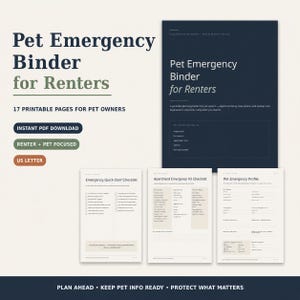May include: A Pet Emergency Binder for Renters printable set featuring 17 pages including an Emergency Quick-Start Checklist, Apartment Emergency Kit Checklist, and Pet Emergency Profile. The documents are formatted for US Letter size paper.