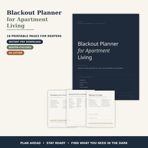 May include: A digital Blackout Planner for Apartment Living with 18 printable US letter pages. The dark blue cover features the title and a section for contact details. Three interior pages show checklists for emergency prep and blackout kits.