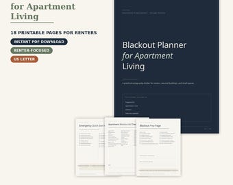 May include: A digital Blackout Planner for Apartment Living with 18 printable US letter pages. The dark blue cover features the title and a section for contact details. Three interior pages show checklists for emergency prep and blackout kits.