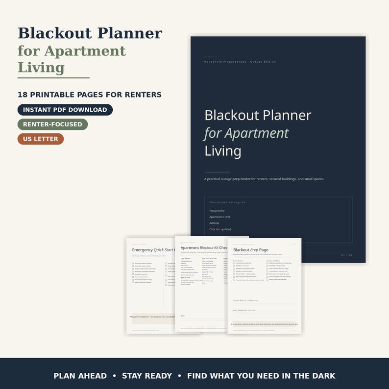 May include: A digital Blackout Planner for Apartment Living with 18 printable US letter pages. The dark blue cover features the title and a section for contact details. Three interior pages show checklists for emergency prep and blackout kits.