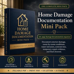 Puede incluir: Una carpeta azul oscuro titulada Home Damage Documentation Mini Pack con texto dorado e icono de casa. Incluye un organizador de 14 páginas para daños exteriores, condiciones de habitaciones, agua, pérdidas y reparaciones. PDF rellenable e imprimible.