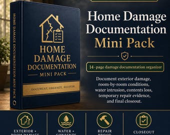 May include: A dark blue binder titled Home Damage Documentation Mini Pack with gold text and a house icon. It includes a 14-page organizer for exterior damage, room conditions, water intrusion, contents loss, and repairs. Features fillable and print PDFs.