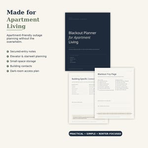 May include: A Blackout Planner for Apartment Living binder with a dark blue cover and two white interior pages. The text includes Made for Apartment Living, Secured-entry notes, Elevator & stairwell planning, Small-space storage, Building contacts, and Dark-room access plan.
