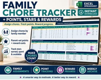 May include: A digital family chore tracker Excel spreadsheet displayed on a laptop screen. The interface features sections for family member assignments, point tracking, reward progress, and a weekly archive with columns for tasks and points.