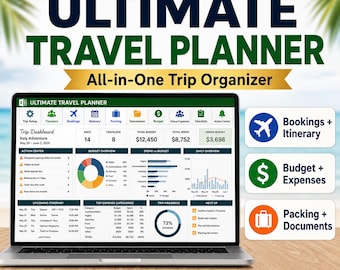 May include: A laptop displaying the Ultimate Travel Planner spreadsheet with a trip dashboard for an Italy Adventure. The screen shows budget, itinerary, and expense data. To the right, three icons represent bookings, budget, and packing features.
