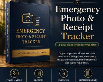 May include: A dark blue binder titled Emergency Photo & Receipt Tracker with gold text and icons. The cover features a camera and document icon with the text Capture. Organize. Reconcile. The design includes sections for photos, receipts, expenses, and reimbursements.