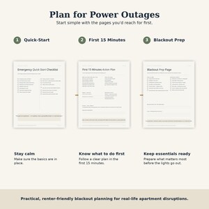 May include: A three-part digital planning guide titled Plan for Power Outages. It features an Emergency Quick-Start Checklist, a First 15 Minutes Action Plan, and a Blackout Prep Page, designed to help organize essential tasks during power disruptions.