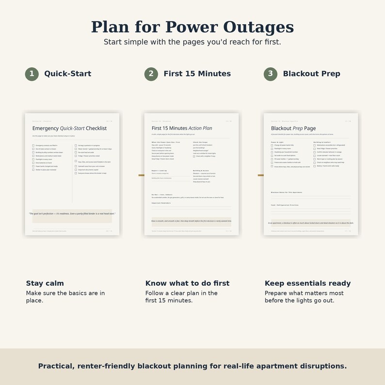 May include: A three-part digital planning guide titled Plan for Power Outages. It features an Emergency Quick-Start Checklist, a First 15 Minutes Action Plan, and a Blackout Prep Page, designed to help organize essential tasks during power disruptions.