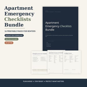 May include: A digital bundle of 16 printable pages titled Apartment Emergency Checklists Bundle. The set includes a dark blue cover page and white interior pages featuring an Emergency Quick-Start Checklist, Apartment Emergency Kit Checklist, and Go-Bag Checklist for renters.