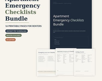 May include: A digital bundle of 16 printable pages titled Apartment Emergency Checklists Bundle. The set includes a dark blue cover page and white interior pages featuring an Emergency Quick-Start Checklist, Apartment Emergency Kit Checklist, and Go-Bag Checklist for renters.