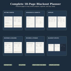 May include: An 18-page blackout planner featuring sections for getting started, household and contacts, supplies, response and building, records and storage, and blackout specific information. The digital document is formatted for US letter size.
