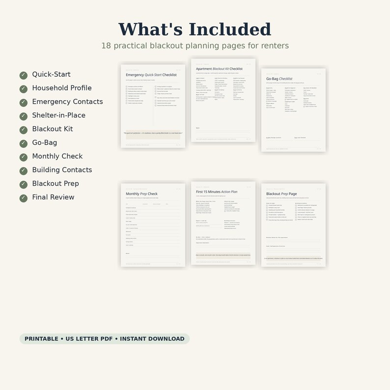 May include: A set of 18 printable blackout planning pages for renters, featuring checklists for emergency quick-start, household profiles, emergency contacts, shelter-in-place, blackout kits, go-bags, monthly checks, building contacts, and final reviews.