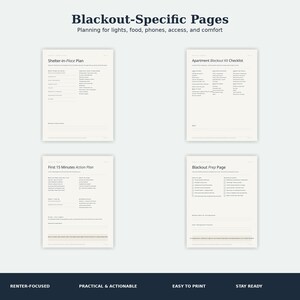 May include: Four printable pages titled Blackout-Specific Pages, featuring a Shelter-in-Place Plan, Apartment Blackout Kit Checklist, First 15 Minutes Action Plan, and Blackout Prep Page with text fields and checkboxes for emergency planning.