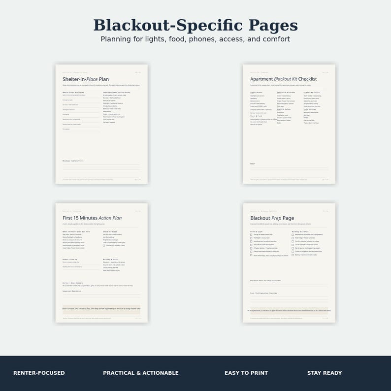 May include: Four printable pages titled Blackout-Specific Pages, featuring a Shelter-in-Place Plan, Apartment Blackout Kit Checklist, First 15 Minutes Action Plan, and Blackout Prep Page with text fields and checkboxes for emergency planning.