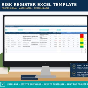 May include: A digital Risk Register Excel template displayed on a computer monitor. The spreadsheet features columns for project details, risk descriptions, triggers, and automated criticality scores with colour-coded status indicators.